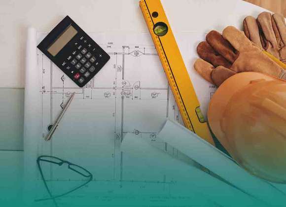 Blueprint, level and belongings of construction engineer
